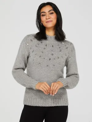 Mock Neck Drop Shoulder Sweater With Jewel Details, Grey /