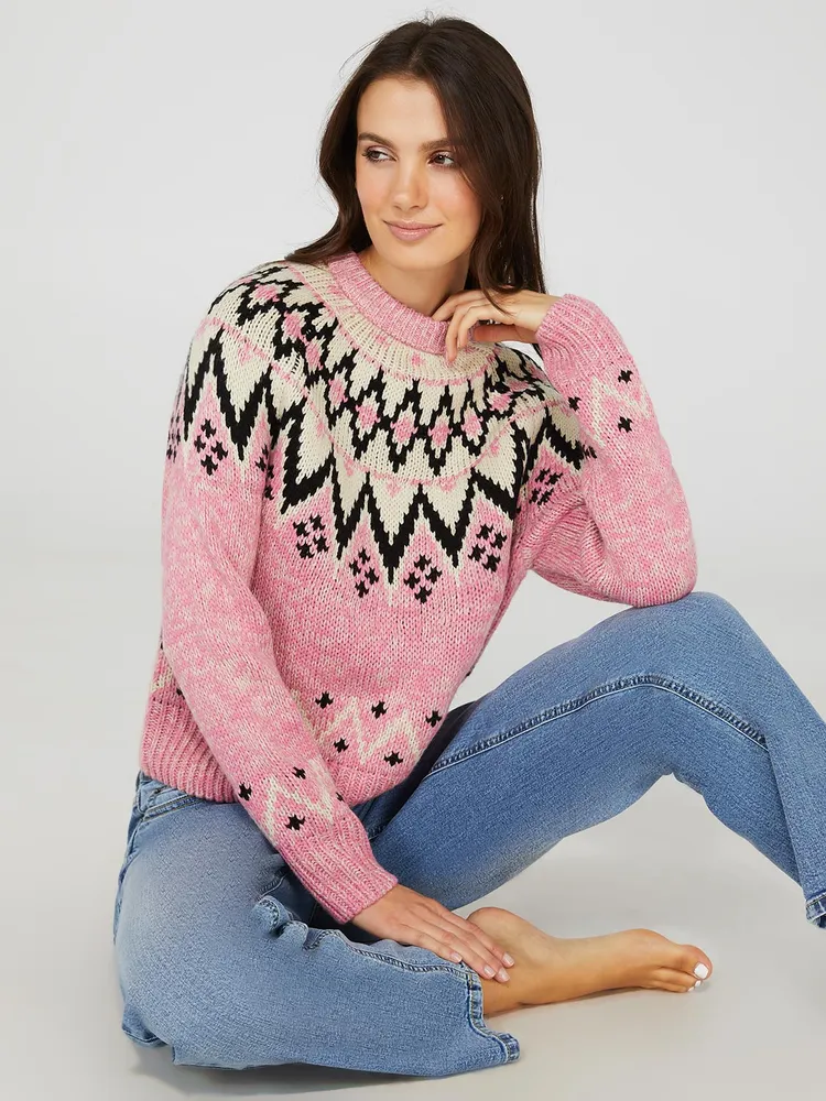 Jacquard Pattern Crew Neck Sweater, Withered Rose /