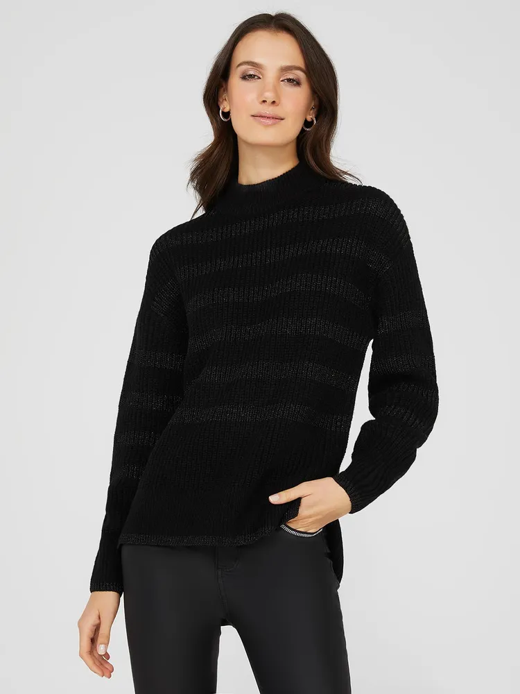 Striped Mock Neck High-Low Sweater, Black /