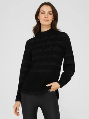 Striped Mock Neck High-Low Sweater, Black /