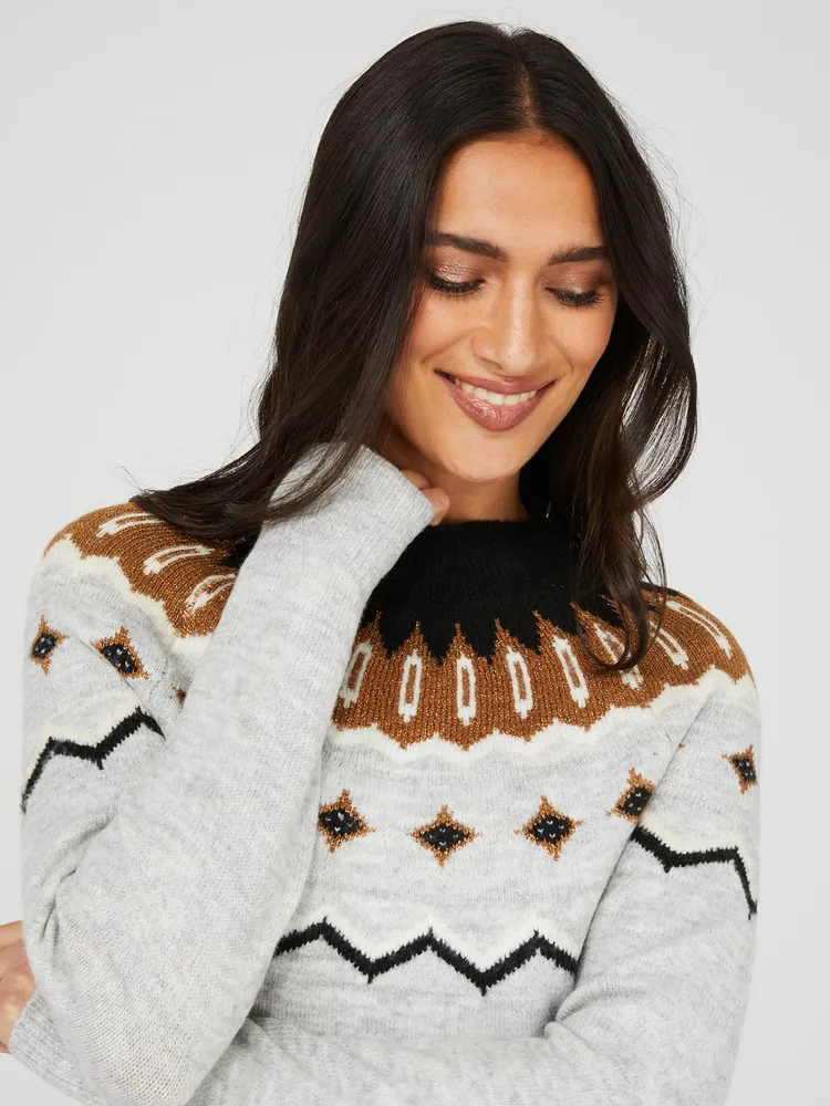 Fair Isle Pattern Crew Neck Sweater, Dk Grey /