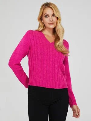 Cable Knit V-Neck Sweater With Jersey Back, /
