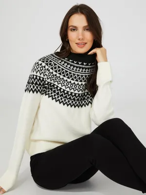 Fair Isle Pattern Long Sleeve Sweater, Pearl /