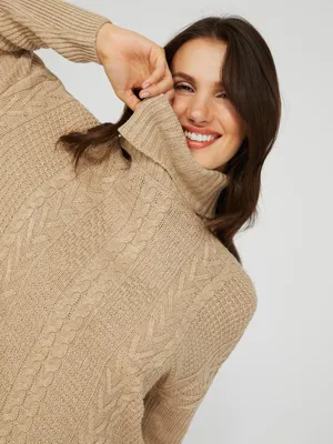 Cable Knit Turtleneck Drop Shoulder Sweater, /