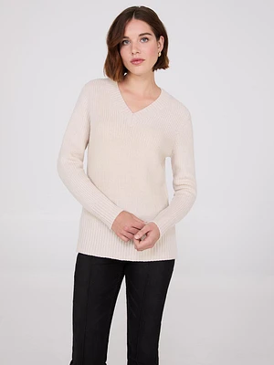 Ribbed V-Neck Sweater With Side Slits