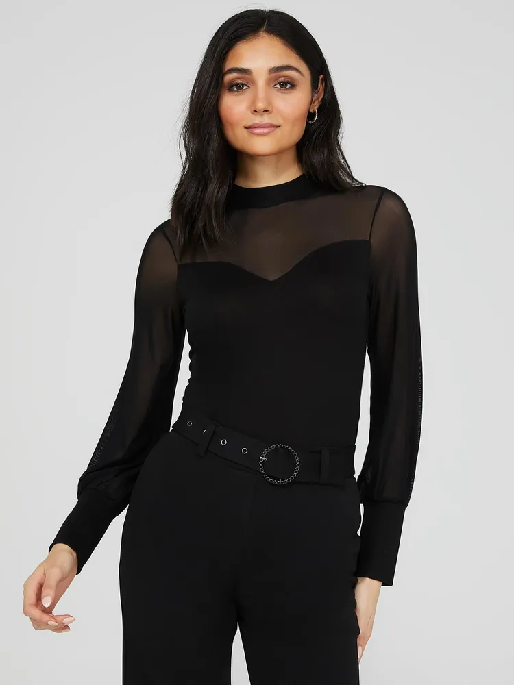 Suzy Shier Mesh Mock Neck Sweetheart Top, /