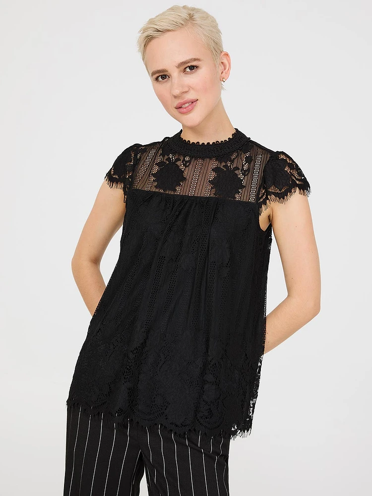 Lace Cap Sleeve Top With Crochet Detail