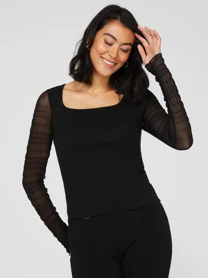 Textured Crepe Scoop Neck Top With Smocked Mesh Sleeves, Black /