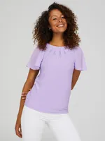 Pleated Crew Neck Top With Chiffon Flutter Sleeves, Periwinkle /
