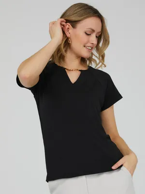 Raglan Sleeve Top With Chain Cut-Out Detail, Black /