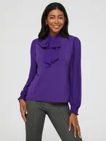 Long Sleeve Pleated Neck Chiffon Bow Top, Purple /