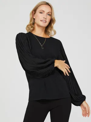 Crew Neck Jersey Top With Pleated Balloon Sleeves, /