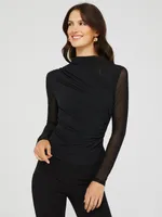 Mock Neck Ruched Jersey Top With Mesh Long Sleeves, /