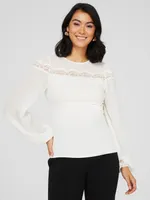 Long Balloon Sleeve Crew Neck Top, Pearl /