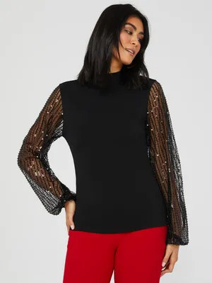 Crepe Mock Neck Top With Sequin Mesh Sleeves, Black /