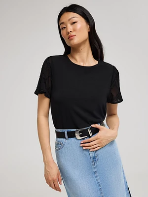 Plaid Chiffon Sleeve T-Shirt