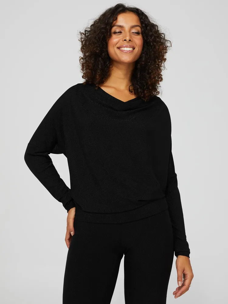 Glitter Dolman Sleeve Cowl Neck Top, Black /