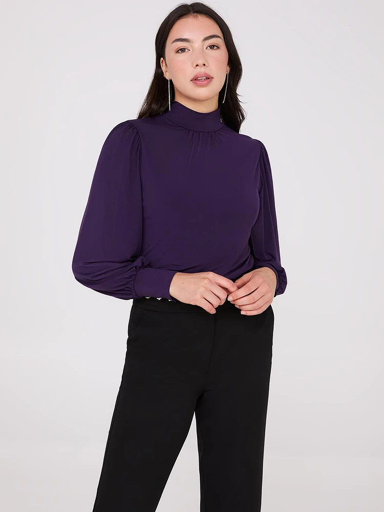 Long Balloon Sleeve Mock Neck Blouse