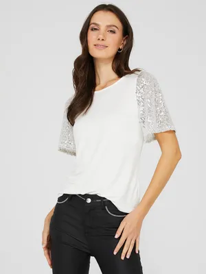 Sequin Flutter Sleeve Crew Neck Top, Pearl /