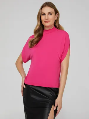 Textured Crepe Mock Neck Top With Front Pleats, /