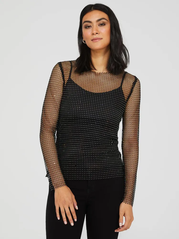 Crew Neck Rhinestone Fishnet Top With Cami, Black /