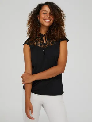 Crochet Cap Sleeve Top With Front Keyhole, Black /