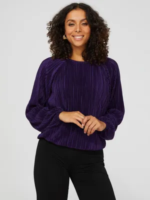 Long Sleeve Plisse Top, Purple /