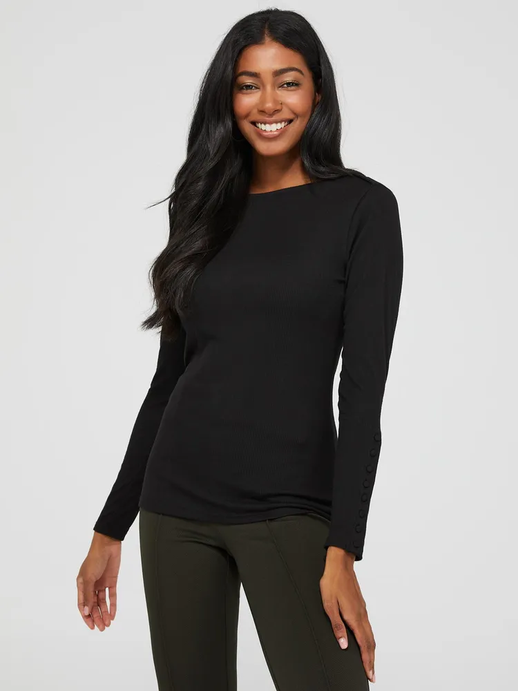 Boat Neck Ribbed Top, Black /