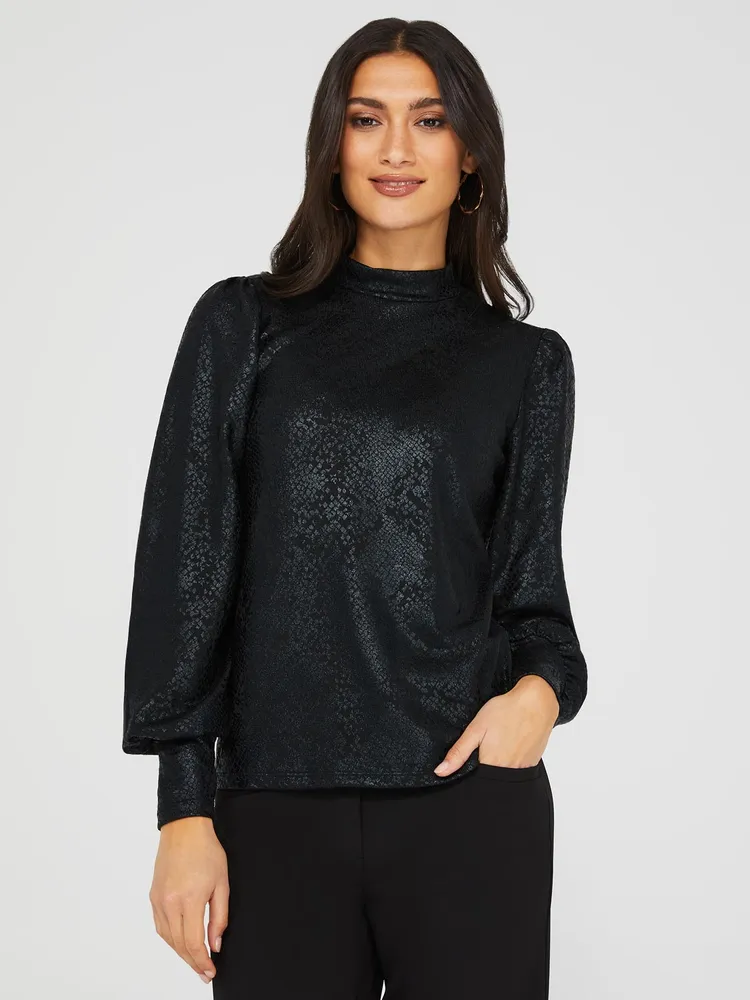 Snake Print Mock Neck Top, Black /