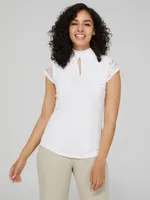 Keyhole Mock Neck Top With Lace Detail, Pearl /