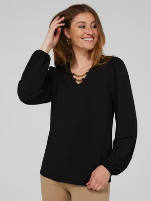 Textured Crepe Long Sleeve Top With Metal Chain Detail, Black /