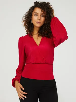 V-Neck Plisse Long Sleeve Top With Bottom Band, Raspberry /