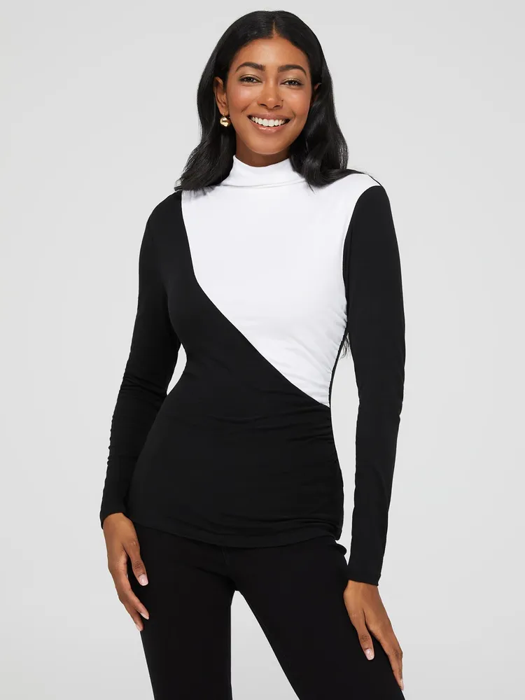 Colourblock Mock Neck Top, Black /