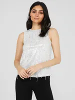 Sleeveless Sequin Fringe Mesh Top, Pearl /