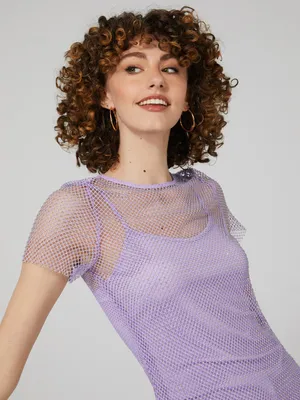 Rhinestone Fishnet T-Shirt With Cami, Periwinkle /