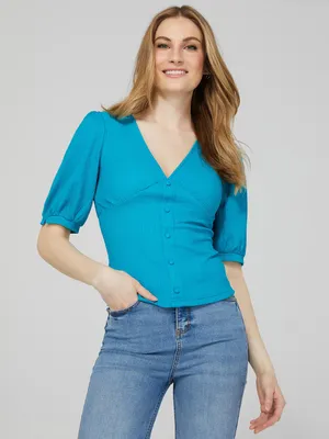V-Neck Button-Front Top With Puff Sleeves, Turquoise /