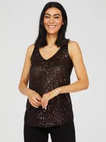 Sleeveless Sequin V-Neck Tank Top, Black /