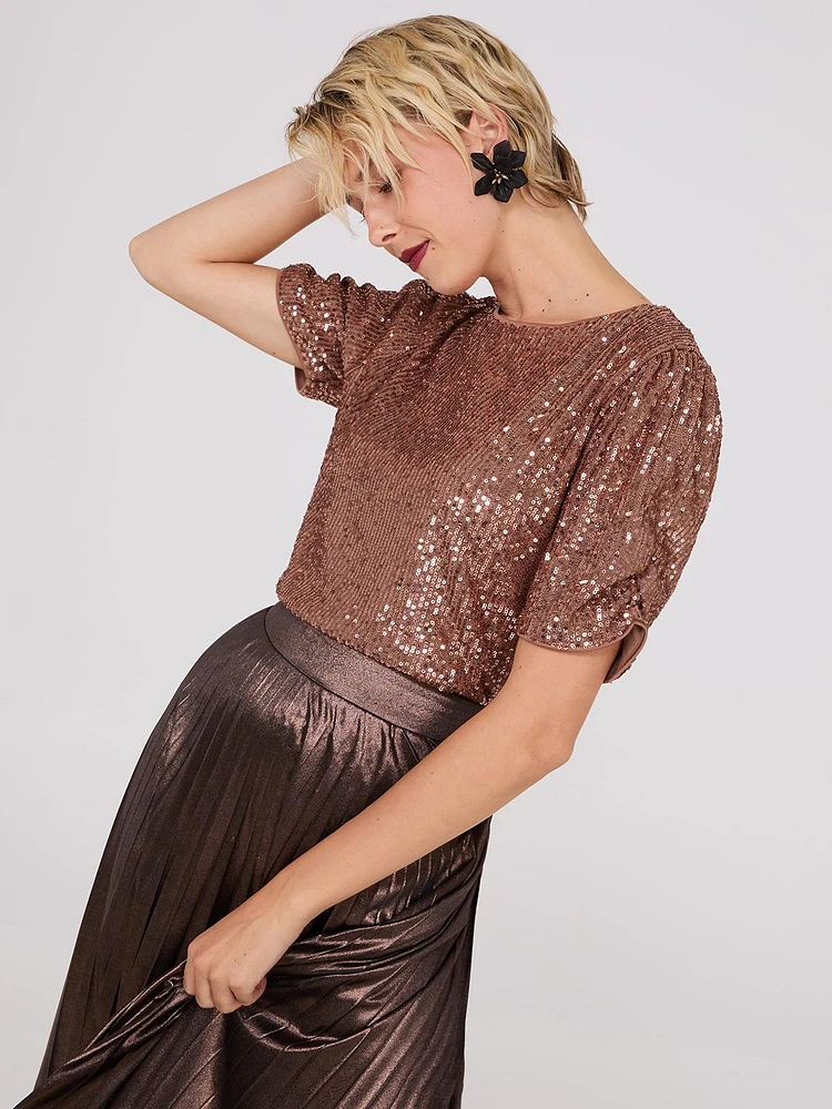 Ruched Short Sleeve Sequin Top