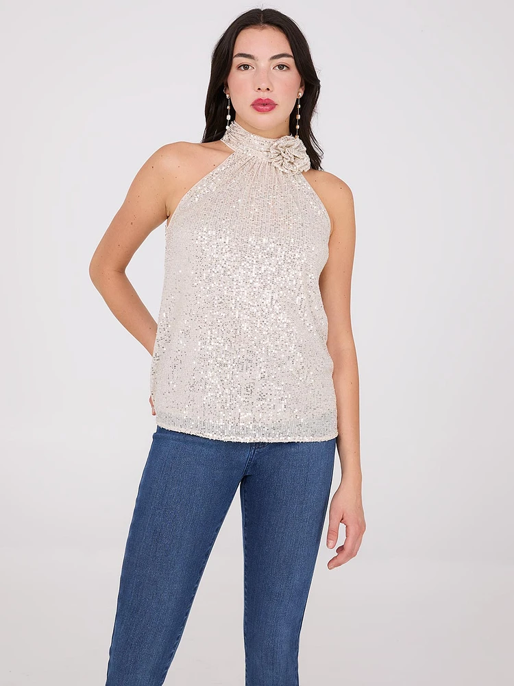 Rosette Halter Mock Neck Sequin Top