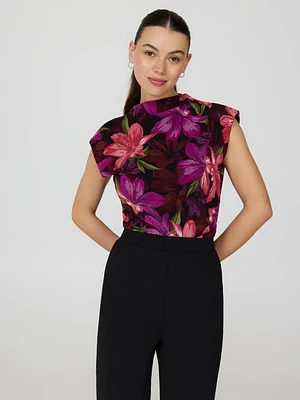 Sleeveless Floral Mock Neck Mesh Top