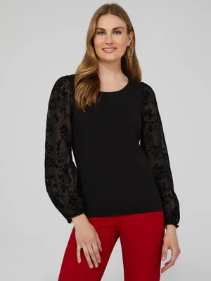 Round Neck Top With Sheer Chiffon Long Sleeves, Black /