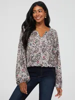 Paisley Print Notch Collar Top With Bubble Hem, Dk Beige /