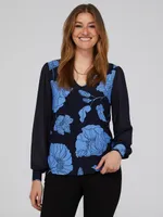 Floral Print V-Neck Top With Sheer Crepe Chiffon Long Sleeves, Stellar /