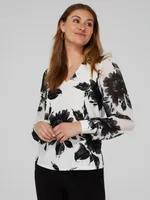 Printed V-Neck Top With Sheer Crepe Chiffon Long Sleeves, Pearl /