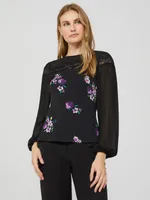 Long Balloon Sleeve Ditsy Floral Crew Neck Top, Black /