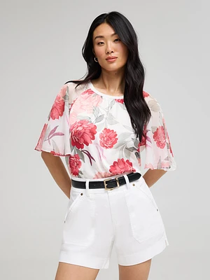 Floral Satin Top With Chiffon Flutter Sleeves