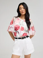 Floral Satin Top With Chiffon Flutter Sleeves