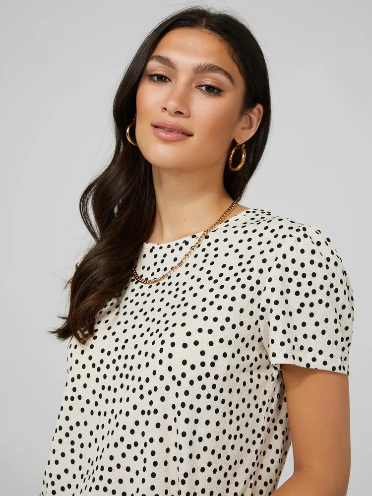 Polka Dot Textured T-Shirt With Smocked Bottom Band, Oatmeal /