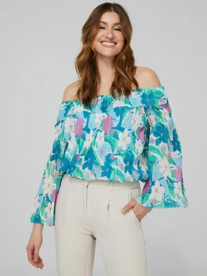 Floral Print Off-The-Shoulder Cropped Mesh Top, Pearl /