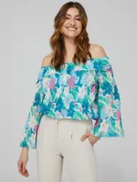 Floral Print Off-The-Shoulder Cropped Mesh Top, Pearl /